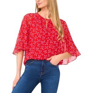 CeCe Women's Size XS Ribbon Print Tie Neck Scarlet Glow Blouse NEW